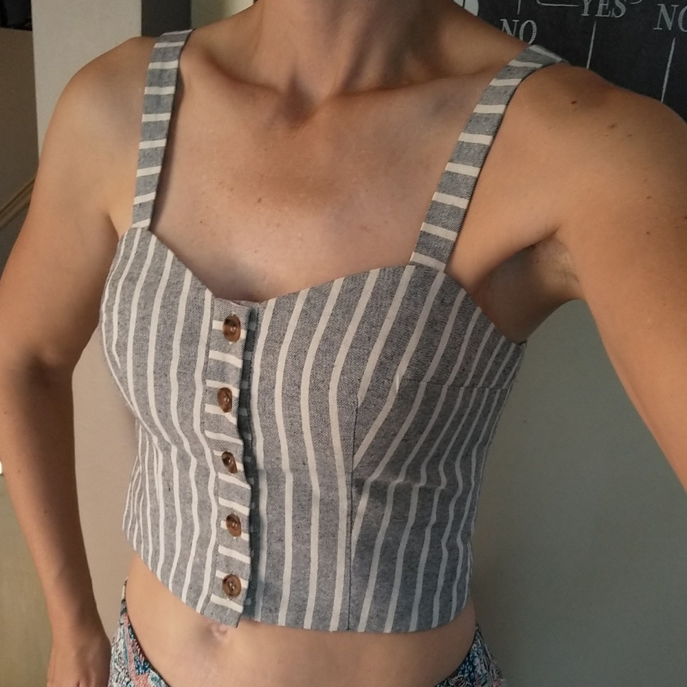 TOP SHOP chambray stripe bustier top S